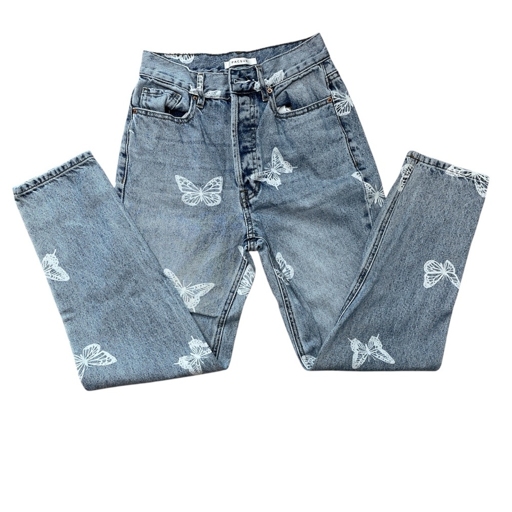 PacSun High Rise Blue Jeans with White Butterfly Design - Picture 1 of 3